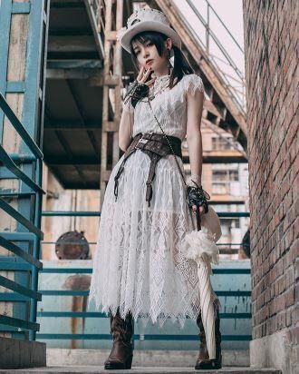 スチームパンク ワンピース ドレス Steampunk ホワイト レース ロング ミモレ丈 半袖 ロリータファッション Loli2167 ロリータ ゴスロリ専門通販ショップluxury ラグジュアリー 安い価格で可愛いロリータワンピースを取り揃えています