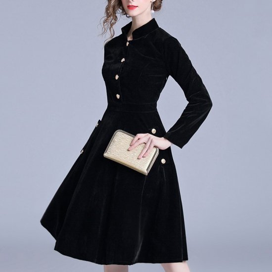 センターボタン スタンドカラー ブラック ベロアワンピース 可愛い 長袖 プリーツ 秋冬 代 30代 40代 レディースファッション