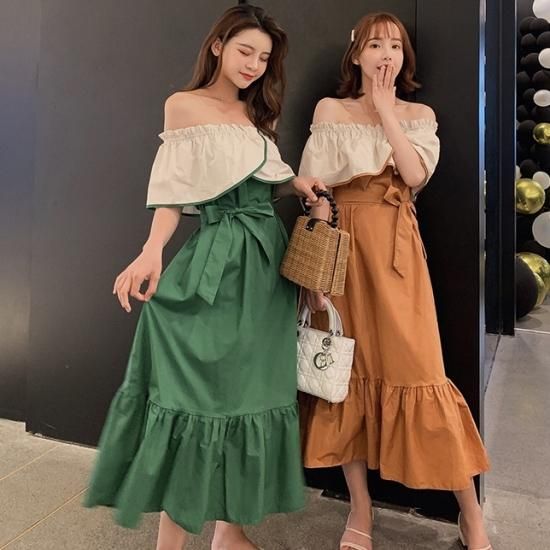 ワンピース ひざ下丈 ロング 無地 オフショルダー フリル ハイウエスト リボン フェミニン セクシー 肌見せ デート 双子コーデ 2色 春夏 Bringhappiness
