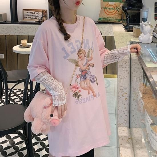 エンジェルプリントが個性的なビックシルエットのゆるかわtシャツワンピース 3色