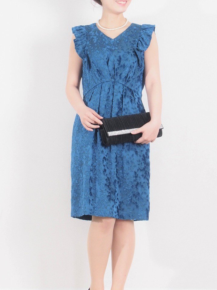 レンタルドレスのロイヤルブルーのジャガードフリル袖ドレス