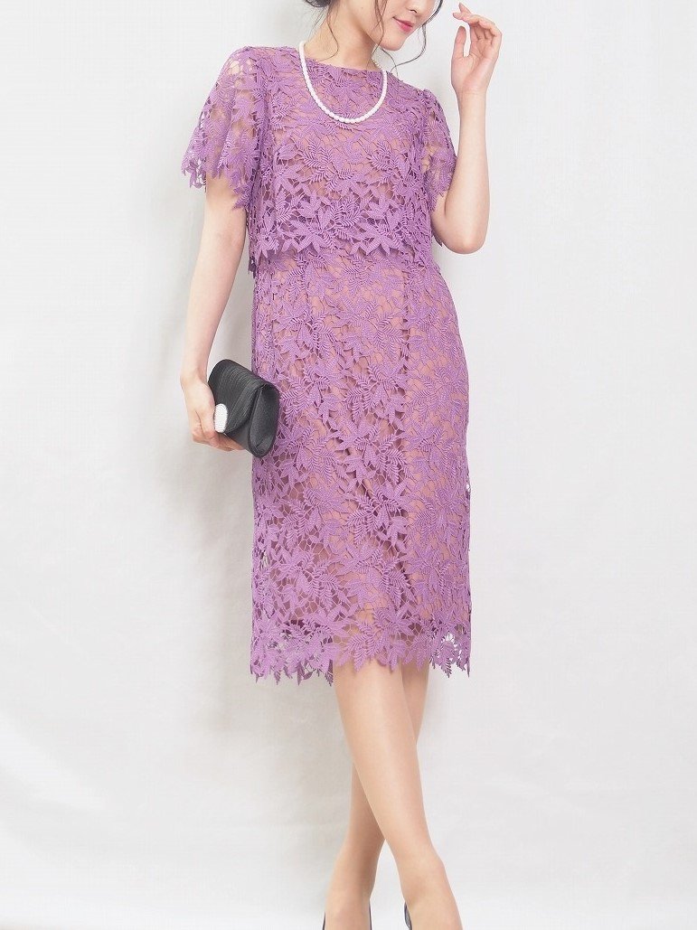 レンタルドレスの大人華やかピンクパープルのケミカルレースタイトドレス