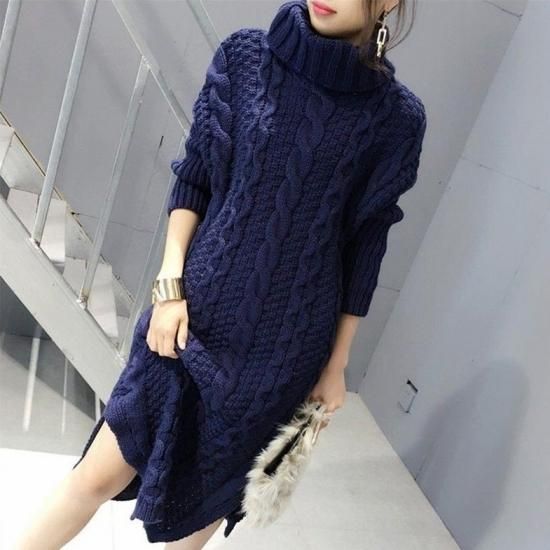 ニットワンピース ニットワンピ レディース タートルネック ケーブル ニット ロング丈 スリット ワンピース ワンピ 大きいサイズ 秋冬新作 秋 秋色 秋服 秋sale ニットワンピース ニットワンピ 韓国プチプラファッション専門店 Leaflower リーフラワー