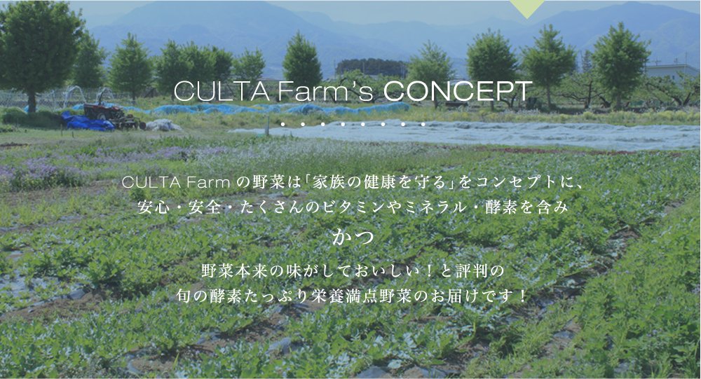 CULTA Farm’s CONCEPT
・・・・・・・・

CULT Farmの野菜は「家族の健康を守る」をコンセプトに、
安心・安全・たくさんのビタミンやミネラル・酵素を含み
かつ
野菜本来の味がしておいしい！と評判の
旬の酵素たっぷり栄養満点野菜のお届けです！
