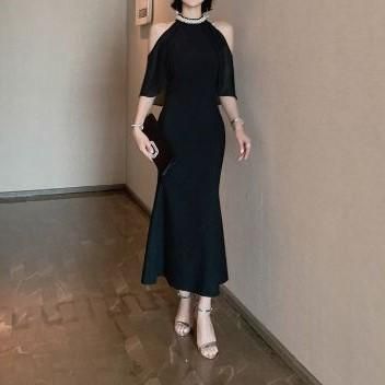 パーティドレス ワンピース きれいめ レディース 30代 結婚式 韓国 代 30代 50代 フィッシュテール 白 黒 無地 半袖 Vネック マキシ丈 ロング丈 およばれ 二次会 上品 大人 Dress No Sato