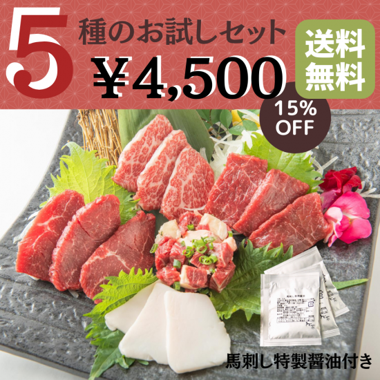 送料無料 5種お試しセット 約5人前250g 馬菜特製醤油付き 熊本馬肉専門店 馬刺し銀座