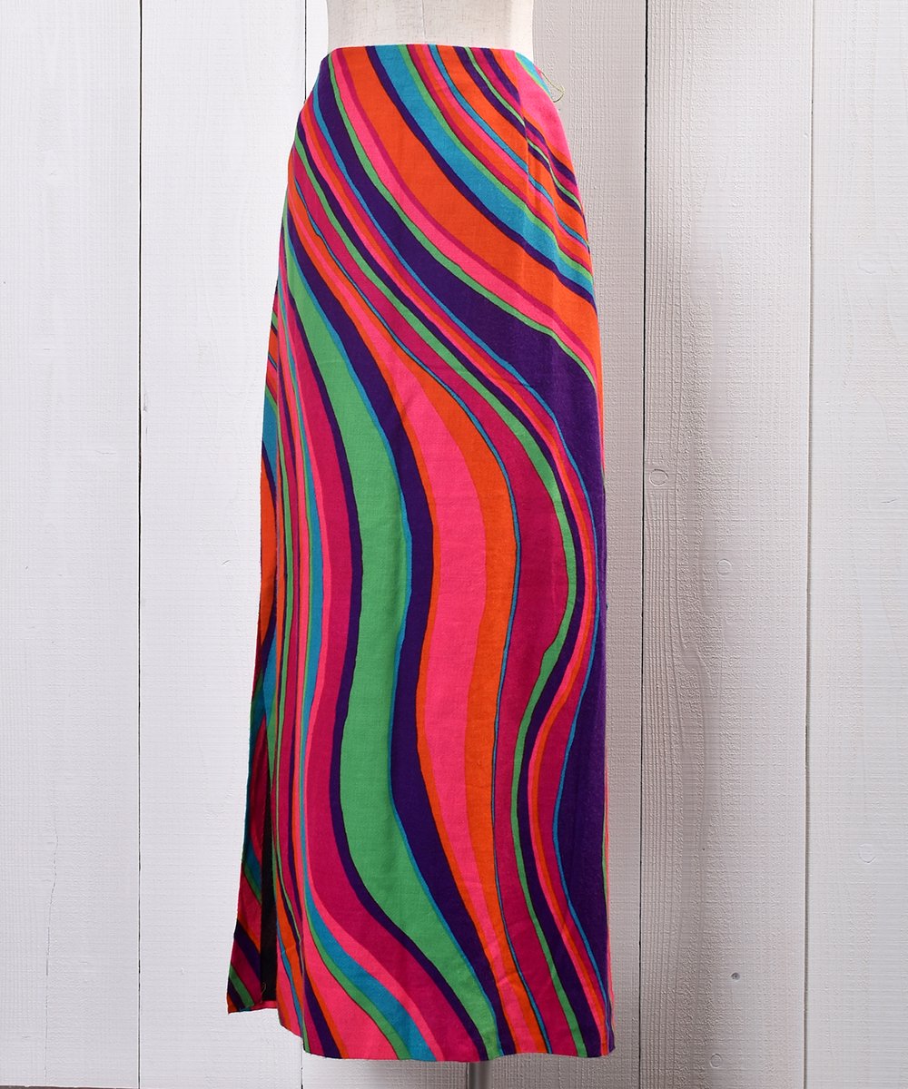 60 S Psychedelic Multi Pattern Skirt With Slit 60年代サイケデリックデザイン スリット入りスカート 古着のネット通販サイト 古着屋グレープフルーツムーン Grapefruitmoon Onlineshop ヴィンテージアイテム レトロファッション