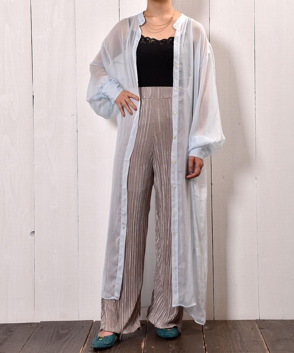 Meridian シアーワンピース バンドカラ サックスブルー Sheer One Piece Band Collar Sax Blue 古着のネット通販サイト 古着屋グレープフルーツムーン Grapefruitmoon Onlineshop ヴィンテージアイテム レトロファッション