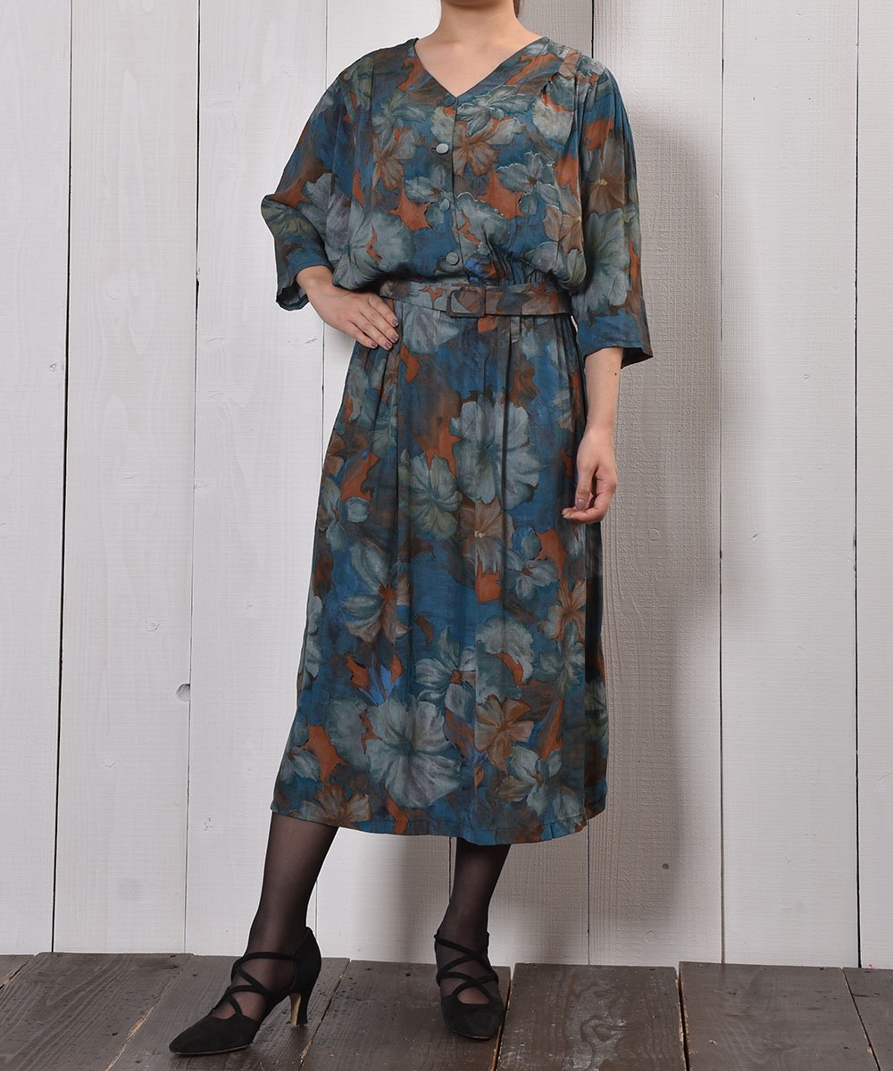 Made In France ノーカラー 水彩風 花柄 ワンピース フランス製 No Collar Flower Pattern One Piece 古着のネット通販サイト 古着屋グレープフルーツムーン Grapefruitmoon Onlineshop ヴィンテージアイテム レトロファッション