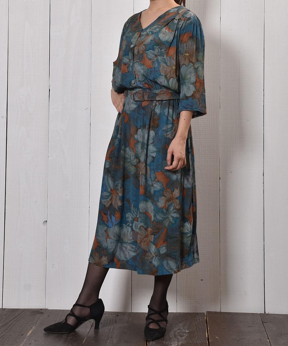 Made In France ノーカラー 水彩風 花柄 ワンピース フランス製 No Collar Flower Pattern One Piece 古着のネット通販サイト 古着屋グレープフルーツムーン Grapefruitmoon Onlineshop ヴィンテージアイテム レトロファッション