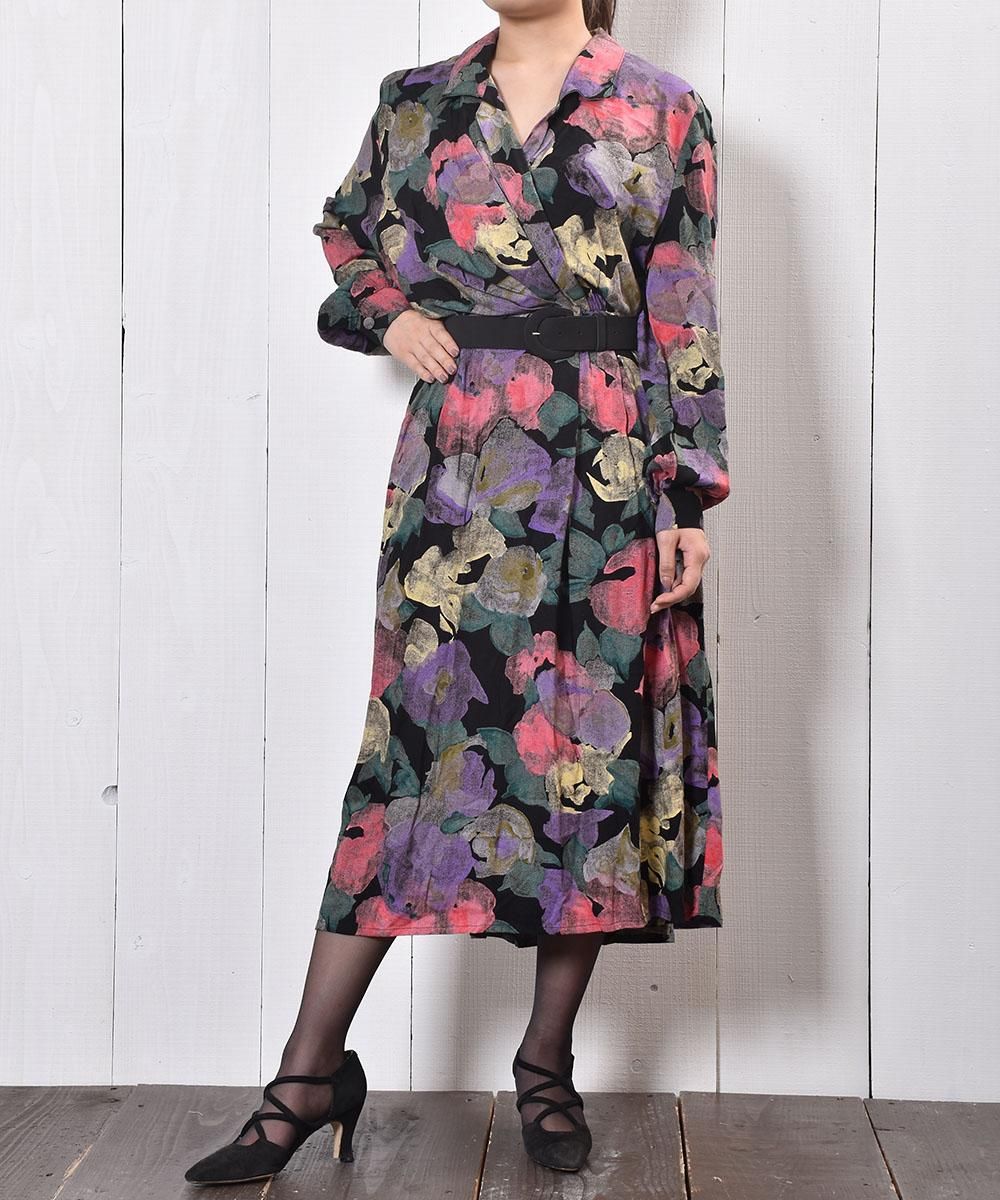 花柄 ロングスリーブ シック ワンピース ミドル丈 Flower Pattern Long Sleeve Middle One Piece 古着のネット通販サイト 古着屋グレープフルーツムーン Grapefruitmoon Onlineshop ヴィンテージアイテム レトロファッション