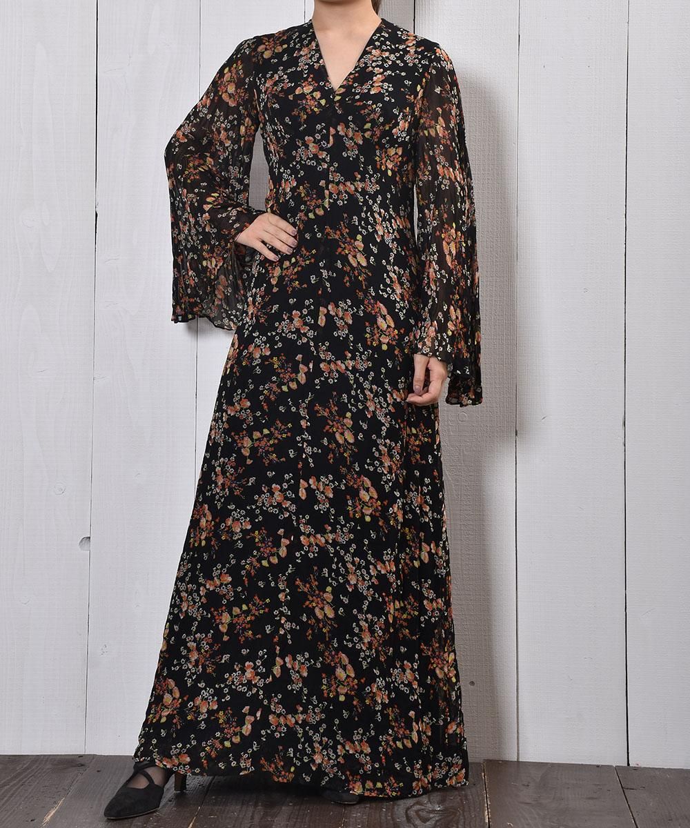 花柄 フレア ロングスリーブ ワンピース マキシ丈 Flower Pattern Flare Long Sleeve Maxi One Piece 古着のネット通販サイト 古着屋グレープフルーツムーン Grapefruitmoon Onlineshop ヴィンテージアイテム レトロファッション