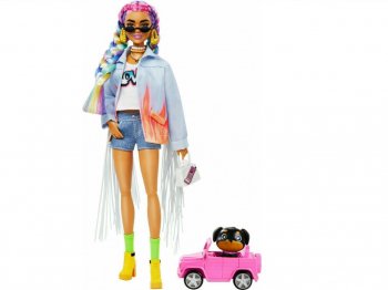 バービー エクストラ ポーザブル ドール レインボーカラーヘア ロングフリンジ デニムジャケット 子犬のフィギュア付き ヒスパニック 人形 Barbie Extra Doll Long-Fringe