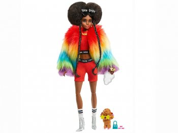 バービー エクストラ アフロヘア ブラック ポーザブル ドール レインボーのファージャケット トイプードルのフィギュア付き 黒人 アメリカンアフリカン 人形 Barbie Extra Doll in