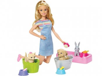 バービー ペットのシャンプー プレイセット ドール ペットのフィギュア付き 人形 ペットのお世話 Barbie Play 'n' Wash Pets Doll Playset (FXH11)