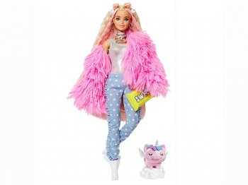 バービー エクストラ ブロンド ポーザブル ドール ピンクのファージャケット ユニコーンピッグのフィギュア付き 人形 Barbie Extra Doll In Pink Coat Pet Unicor