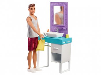 バービー ケン シェービング プレイセット ドール 人形 ひげ剃り 洗面台 Barbie Bathroom-Themed Playset with Shaving Ken Doll (FYK53)
