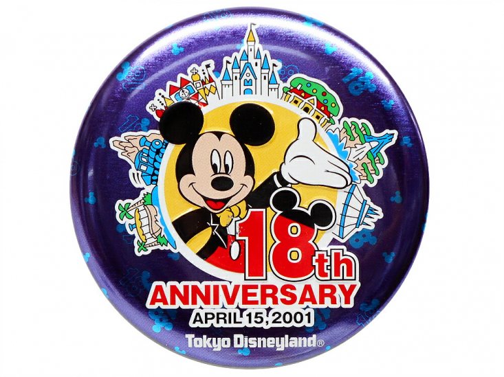 東京ディズニーランド 18周年記念 2001年 ミッキー w/アトラクション 缶バッジ TDL 缶バッチ - FAR-OUT