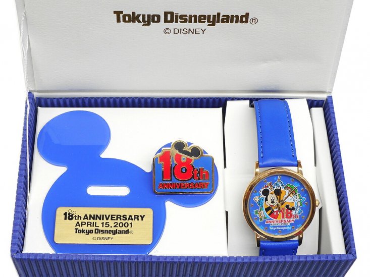 東京ディズニーランド 18周年記念 2001年 腕時計 ピンズ付き ミッキー ボックス入り TDL - FAR-OUT