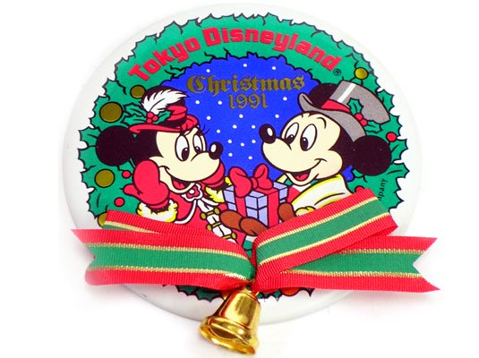 東京ディズニーランド クリスマス 1991年 ミッキー＆ミニー 缶バッジ リボン付き 缶バッチ TDL - FAR-OUT