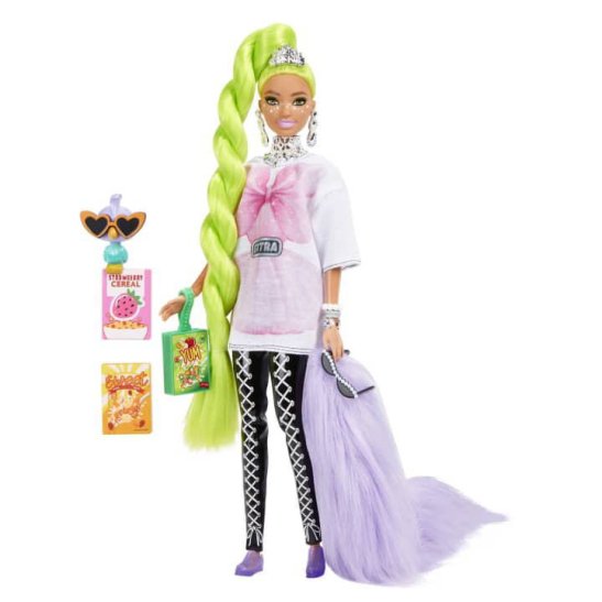 バービー エクストラ ポーザブル ドール ネオグリーン ロングヘア グラフィックシャツ 黒のレースレギンス オウムのフィギュア付き ドール 人形  Barbie Extra Doll - FAR-OUT