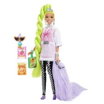 バービー エクストラ ポーザブル ドール ネオグリーン ロングヘア グラフィックシャツ 黒のレースレギンス オウムのフィギュア付き ドール 人形 Barbie Extra Doll