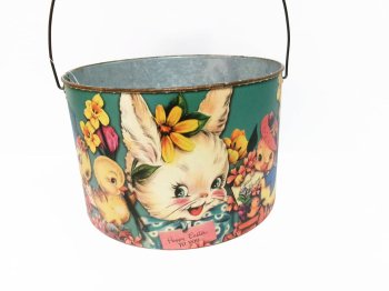 イースターバニー ブリキバケツ缶 ラージサイズ ヴィンテージスタイル うさぎ アート Happy Easter Bunny Tin Bucket 