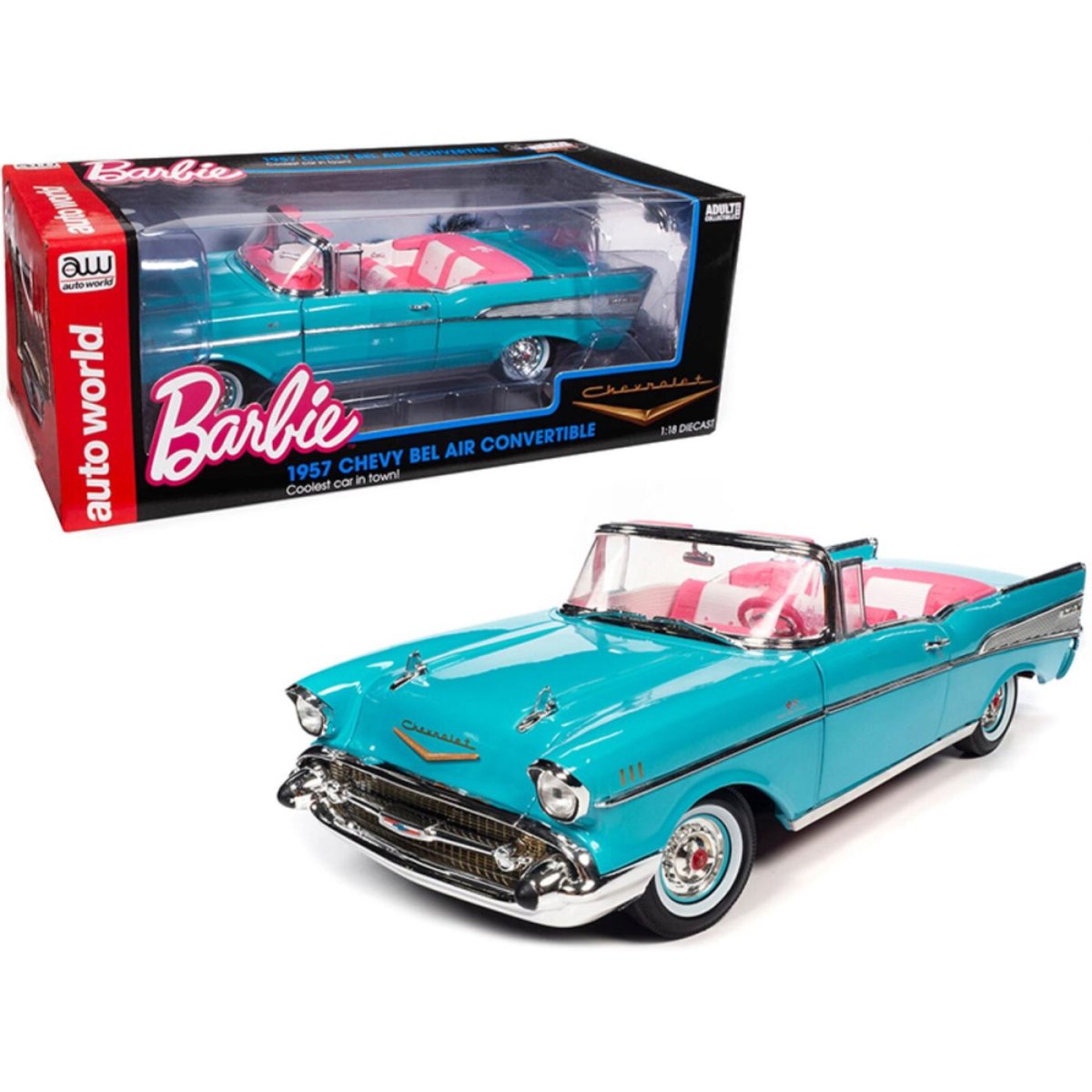 バービー 1957 シボレー ベルエア ブルー コンバーチブル 1:18 ダイキャストメタル クラシックカー 車 Barbie Chevrolet  Bel Air AUTO WORLD - FAR-OUT