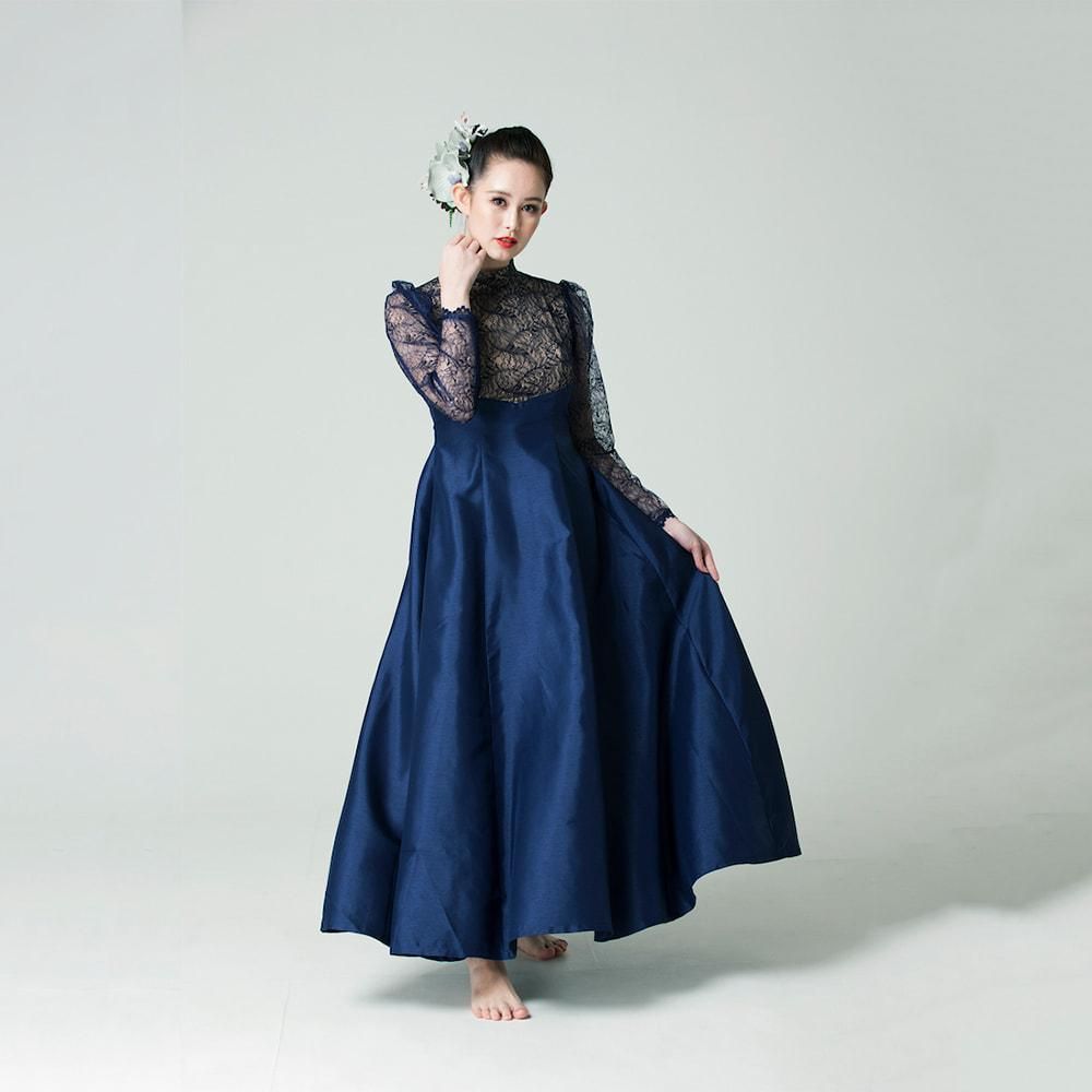 【MAKANA DRESS】Long Sleeve Fern Lace ロングスリーブファーンレース(ネイビー)[オーダードレス]