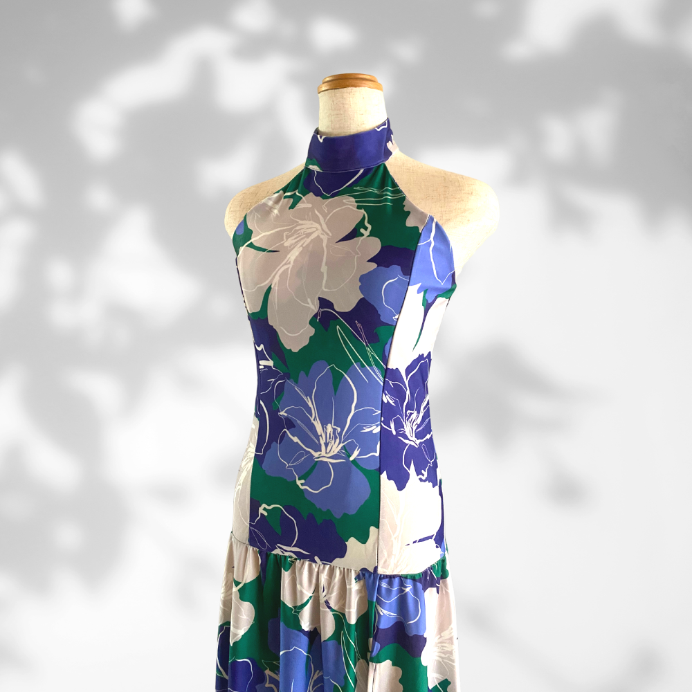 スリット入りホルターネックロングドレス(ネイビー) | サイズ展開あり | ストレッチ性あり - ALOHA IS -polynesian  style-フラダンス・タヒチ専門衣装とリゾートウェアの通販