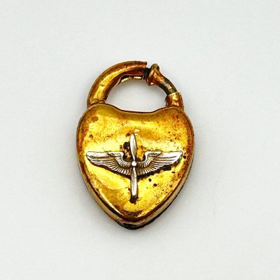40's AAF PROPELLER WING HEART PADLOCK GOLD FILLED CHARM 240405