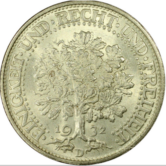 1927D ワイマール共和国・５マルク ヒンデンブルク銀貨【PCGS MS62】 - コレクション