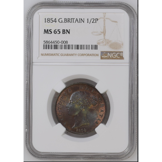1854年 イギリス ヴィクトリア ハーフペニー 1/2 銅貨 NGC MS65 ウィリアム・ワイオン 上位3枚 - アンティークコイン専門店  ルーラーズコインス rulers'coins