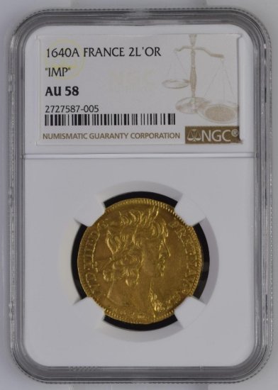 希少品】1640年A フランス 2ルイドール金貨 NGC AU58 ルイ13世 