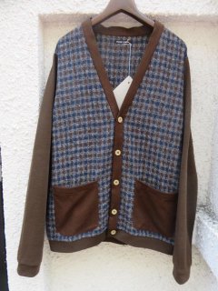 FRANK LEDERCHEQUERED WOOL/WOOL JERSEY CARDIGANBROWN