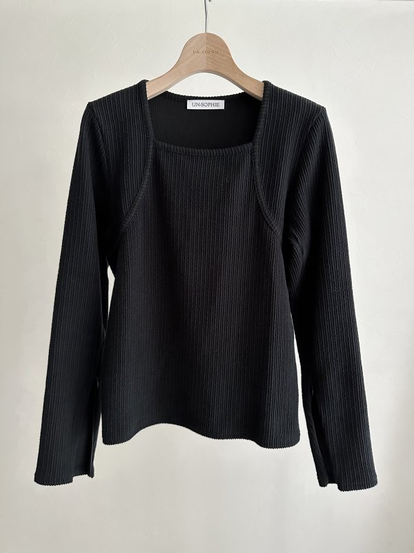 Frill stripe square neck tops / black