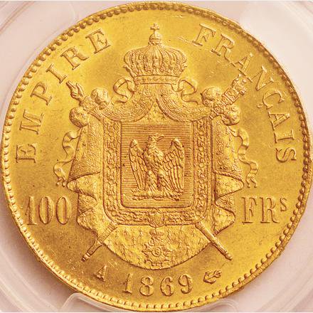フランス・ナポレオン3世 月桂冠 100フラン金貨 MS62 古銭・コイン 
