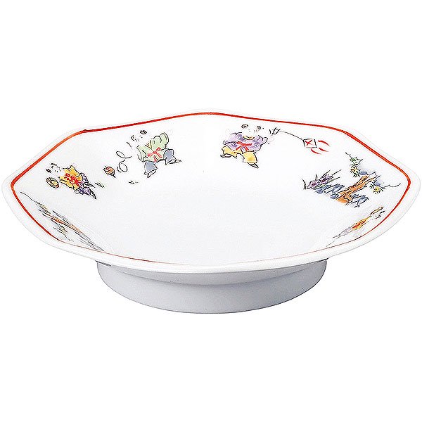 色絵唐子 八角高台19cm皿 約18.8cm 白系 中華食器・アジアン食器