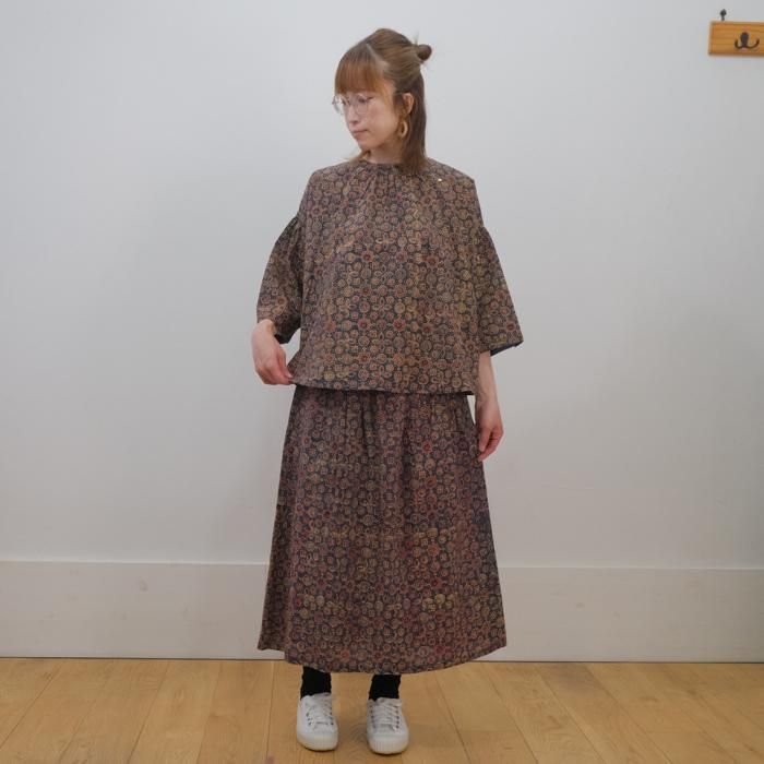SLOW HANDS スロウハンズ geometric ブロックプリント ギャザー ブラウス SBL-5【H】 SLOW HANDS スロウハンズ geometric ブロックプリント ギャザー
