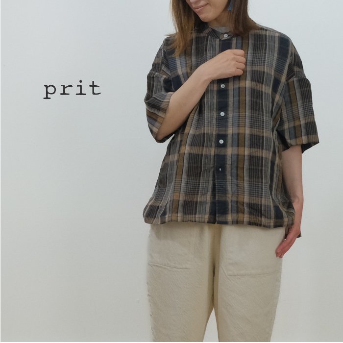 prit プリット 60/1リネンチェック 5分袖 スタンドカラー ワイドシャツ P82218 日本製