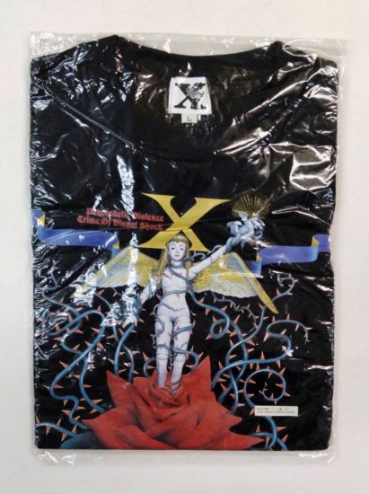 hide希少　未使用　X JAPAN エックス 初期「X」ロゴ・Tシャツ 黒×バラ