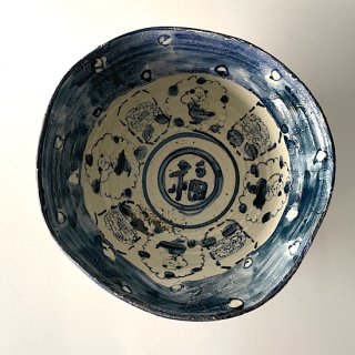 上野尚子<br>唐子花紋変形鉢<br>薪窯作品