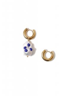 Baroque Pearl With Blue Dots Gold Hoops Pierce