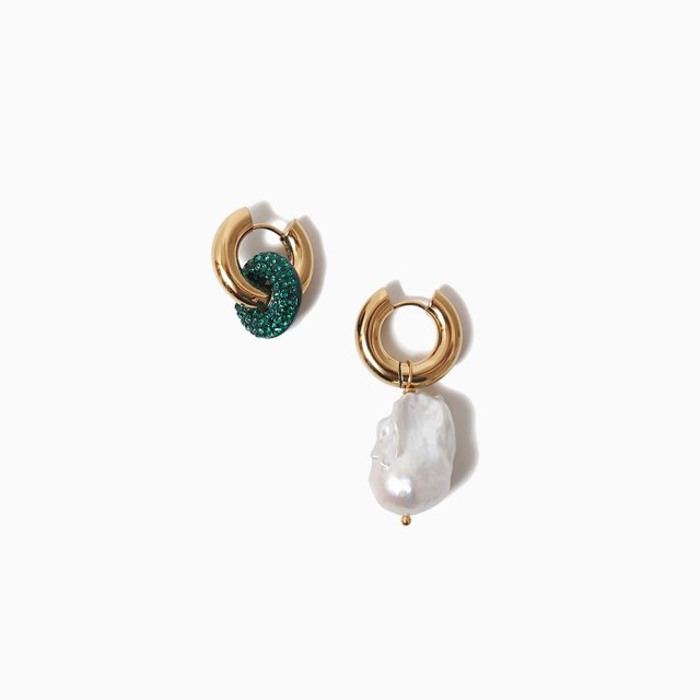  Green Strass Donut And Baroque Pearl Gold Hoops Pierce