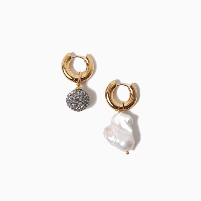 Gold Plated Hoops With Grey Strass Balls and Baroque Pearl Pierce
