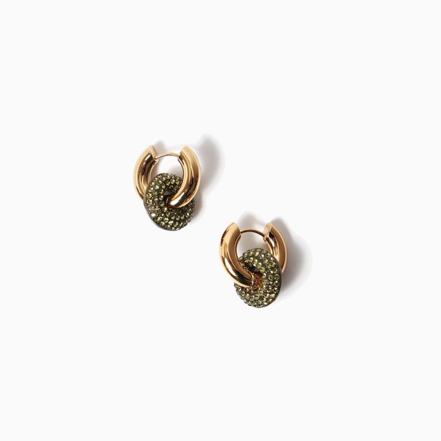 Gold Plated Hoops With Khaki Green Strass Dount Pierce