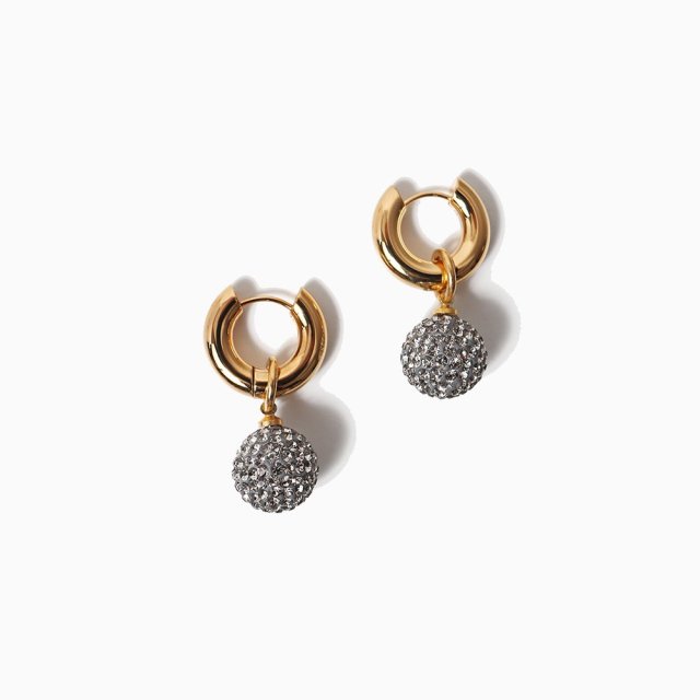 Gold Plated Hoops With Grey Strass Balls Pierce
