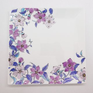 【ギャラリー】青と紫のジュエル花文様角皿