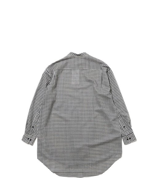 BATONER - WOMEN / GINGHAM CHECK WOOL BAND COLLAR SHIRT | バトナー - レディース / ギンガム チェックウール バンドカラーシャツ [ネイビー × アイボリー] - CHANTILLY-2F