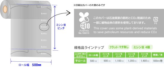 Bio PEハンガーカバー目付 平ロール／ミシン目ピッチ900㎜ 500M巻 - 環境配慮ハンガーカバーと袋の通販エコルダーパック